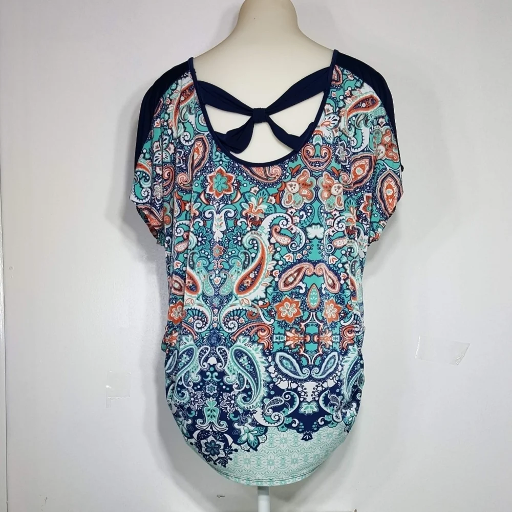 Orange and Blue Relaxed Dolman Sleeve Blouse - Picture 5 of 6